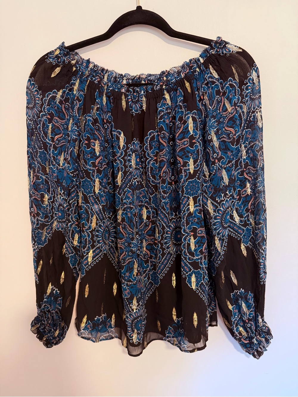 White House Black Market Black Paisley Off-Shoulder Blouse with Blue Accents